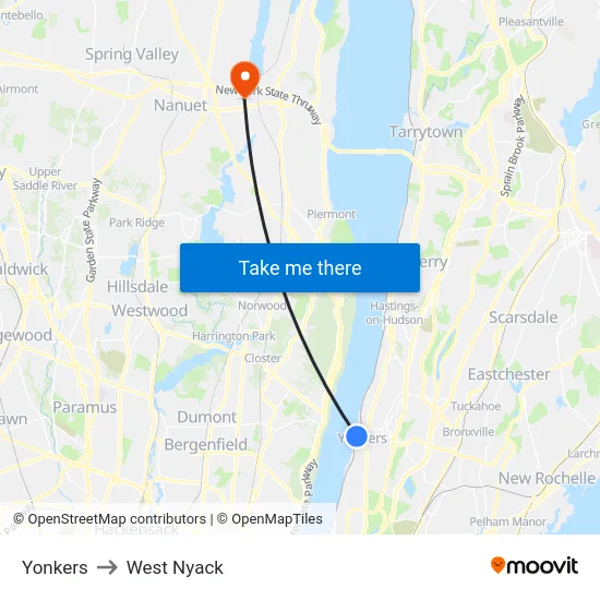Yonkers to West Nyack map
