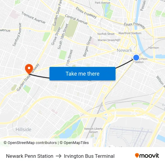 Newark Penn Station to Irvington Bus Terminal map