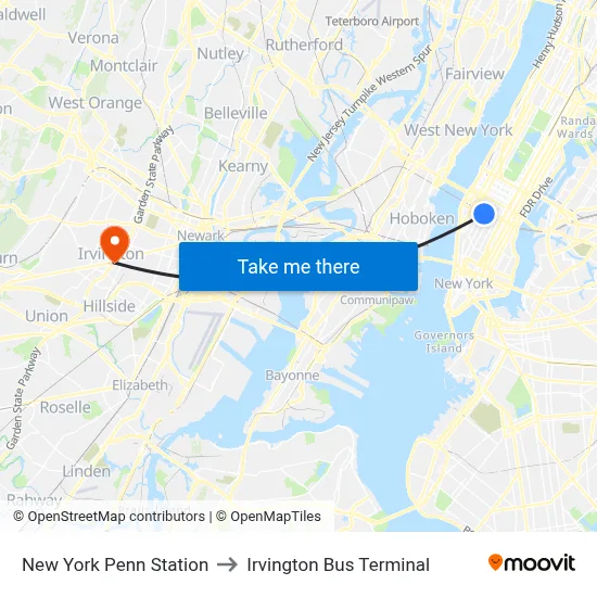 New York Penn Station to Irvington Bus Terminal map
