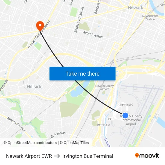 Newark Airport EWR to Irvington Bus Terminal map