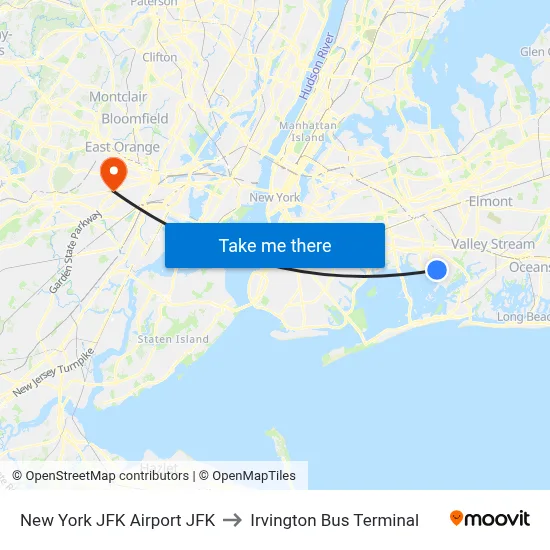 New York JFK Airport JFK to Irvington Bus Terminal map