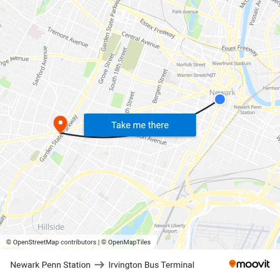 Newark Penn Station to Irvington Bus Terminal map