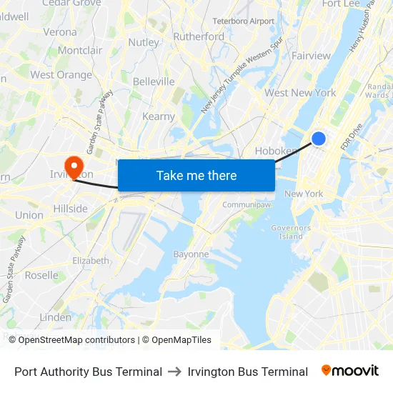 Port Authority Bus Terminal to Irvington Bus Terminal map
