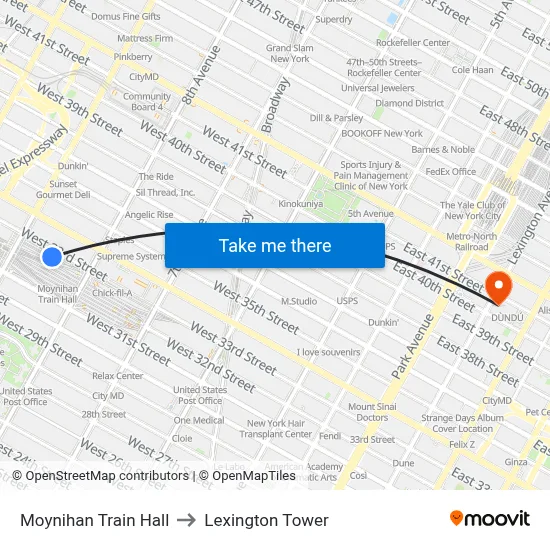 Moynihan Train Hall to Lexington Tower map