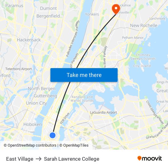 East Village to Sarah Lawrence College map