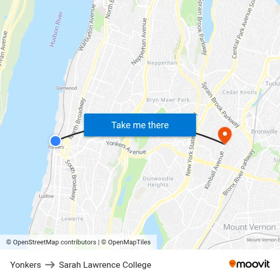 Yonkers to Sarah Lawrence College map