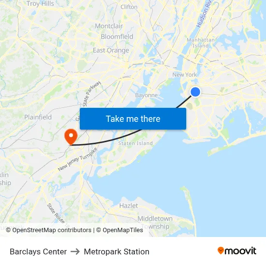 Barclays Center to Metropark Station map