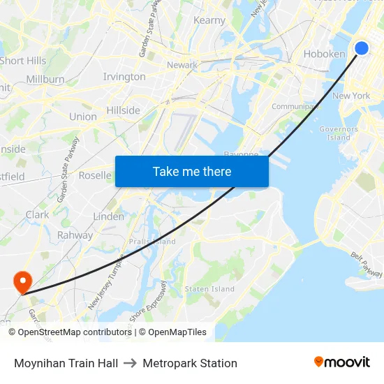 Moynihan Train Hall to Metropark Station map