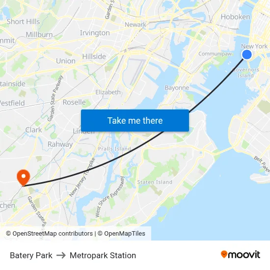 Batery Park to Metropark Station map