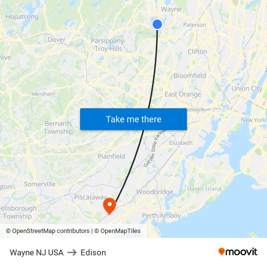 Wayne NJ USA to Edison map