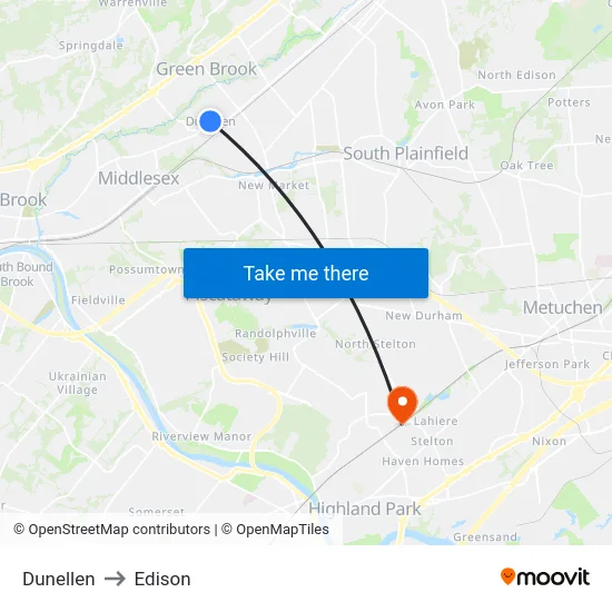 Dunellen to Edison map