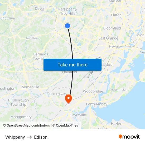 Whippany to Edison map