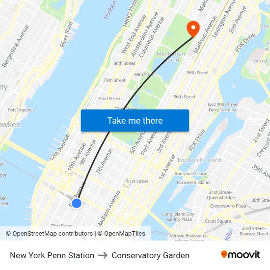 New York Penn Station to Conservatory Garden map