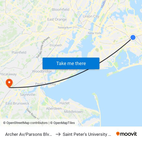 Archer Av/Parsons Blvd Bay D to Saint Peter's University Hospital map