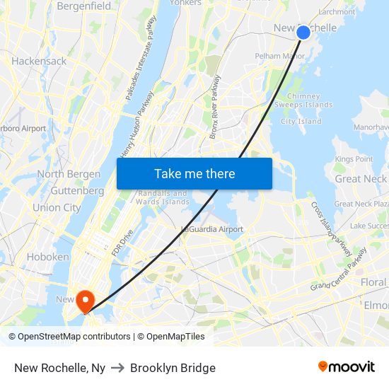 New Rochelle, Ny to Brooklyn Bridge map