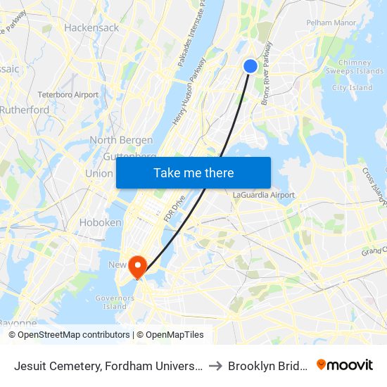 Jesuit Cemetery, Fordham University to Brooklyn Bridge map