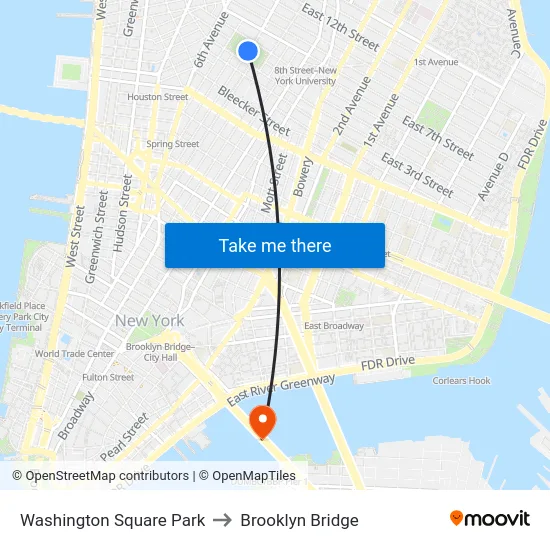 Washington Square Park to Brooklyn Bridge map