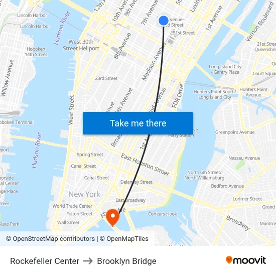 Rockefeller Center to Brooklyn Bridge map