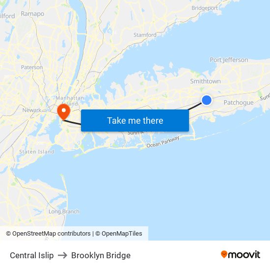 Central Islip to Brooklyn Bridge map