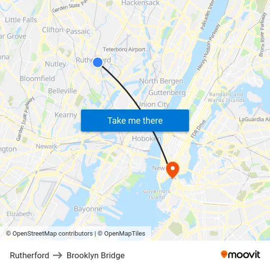 Rutherford to Brooklyn Bridge map