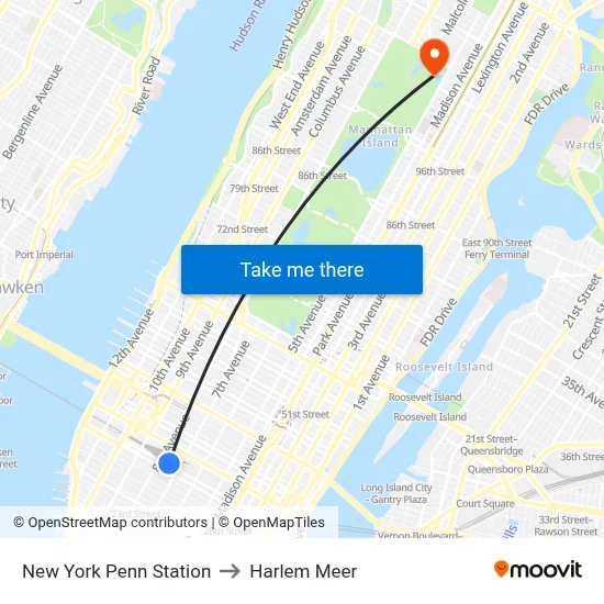 New York Penn Station to Harlem Meer map