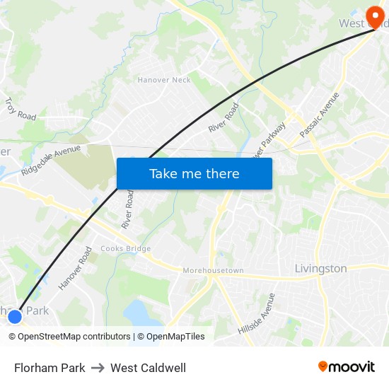 Florham Park to West Caldwell map