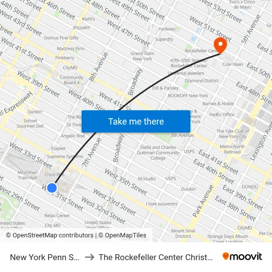 New York Penn Station to The Rockefeller Center Christmas Tree map