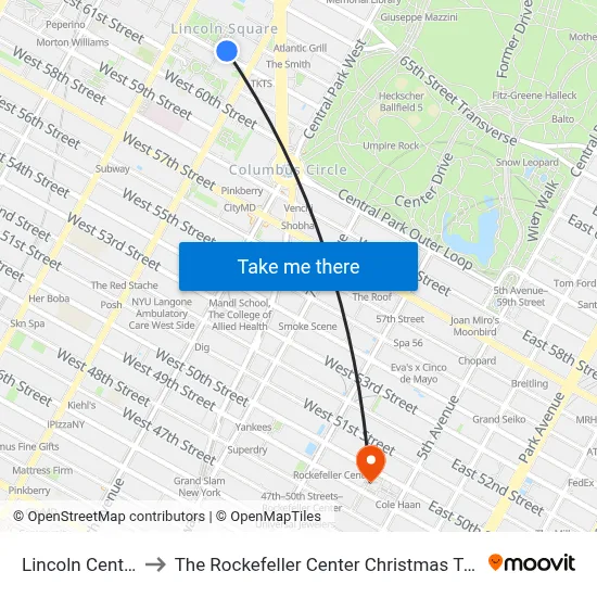 Lincoln Center to The Rockefeller Center Christmas Tree map