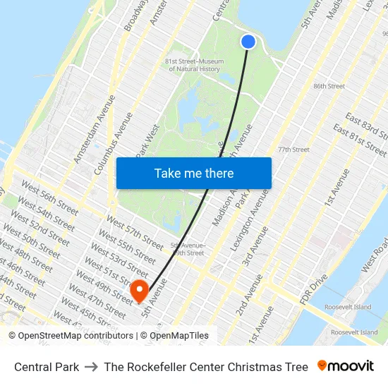 Central Park to The Rockefeller Center Christmas Tree map