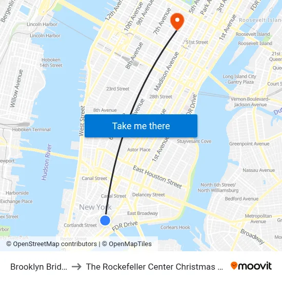 Brooklyn Bridge to The Rockefeller Center Christmas Tree map