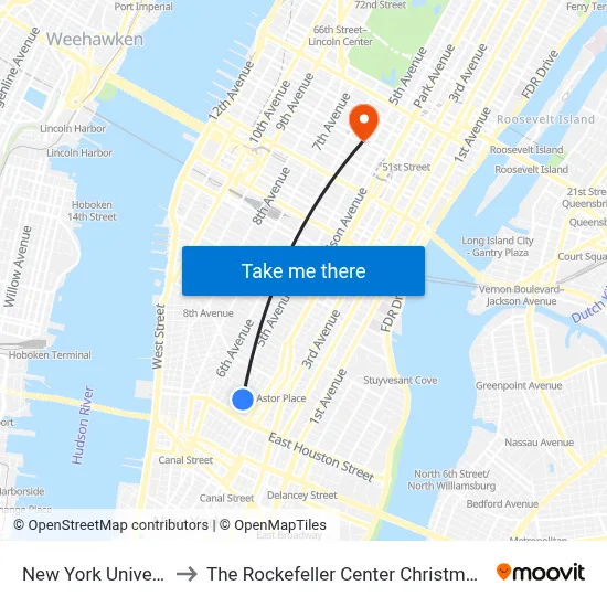 New York University to The Rockefeller Center Christmas Tree map