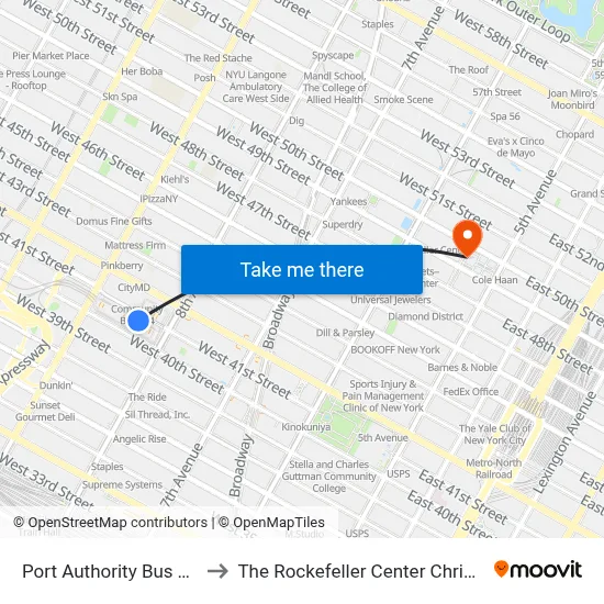 Port Authority Bus Terminal to The Rockefeller Center Christmas Tree map