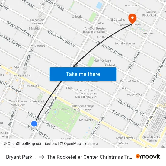 Bryant Park 7 to The Rockefeller Center Christmas Tree map