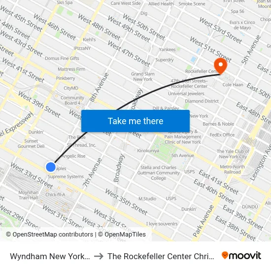 Wyndham New Yorker Hotel to The Rockefeller Center Christmas Tree map