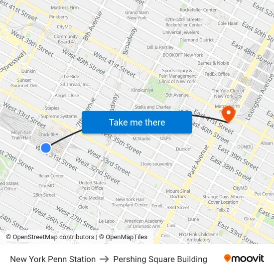 New York Penn Station to Pershing Square Building map