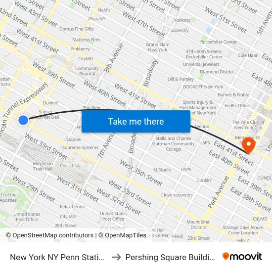 New York NY Penn Station to Pershing Square Building map
