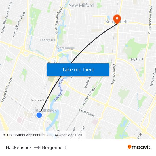 Hackensack to Bergenfield map