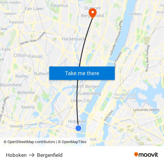 Hoboken to Bergenfield map