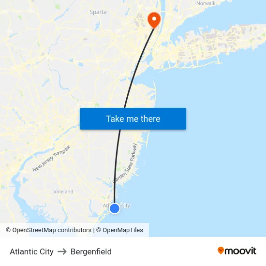 Atlantic City to Bergenfield map