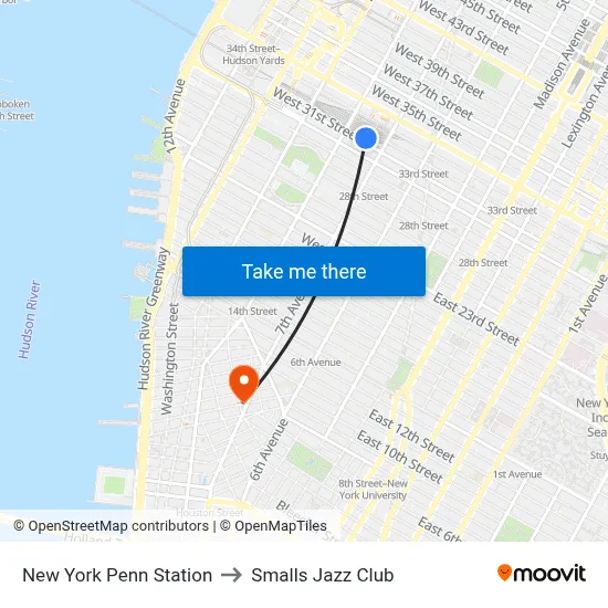 New York Penn Station to Smalls Jazz Club map