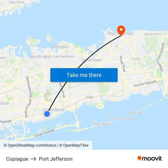 Copiague to Port Jefferson map
