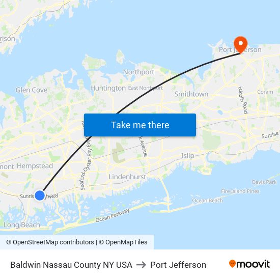 Baldwin Nassau County NY USA to Port Jefferson map