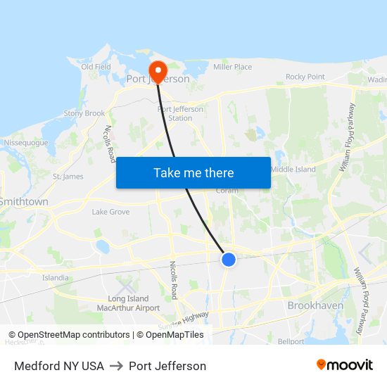 Medford NY USA to Port Jefferson map