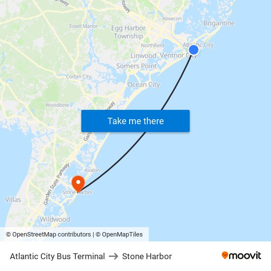 Atlantic City Bus Terminal to Stone Harbor map