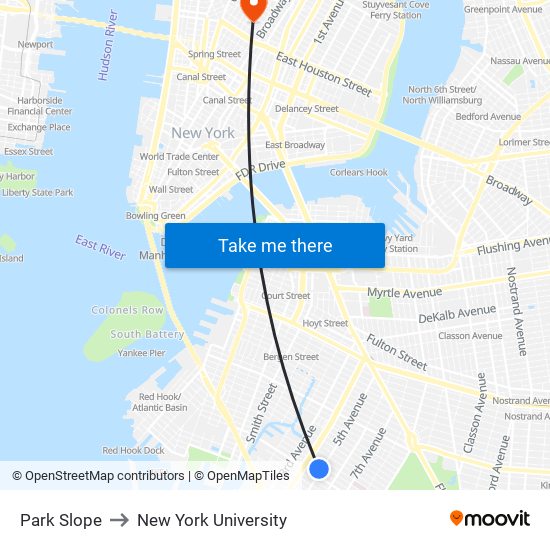 Park Slope to New York University map