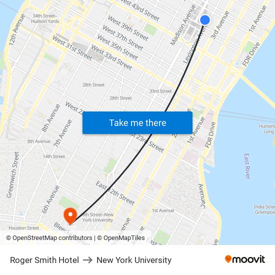 Roger Smith Hotel to New York University map