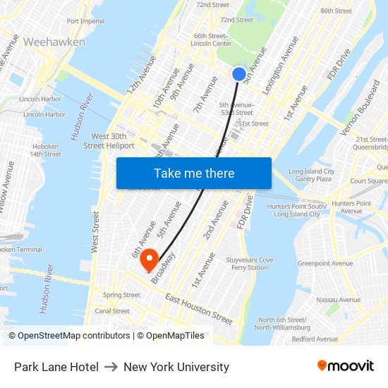 Park Lane Hotel to New York University map