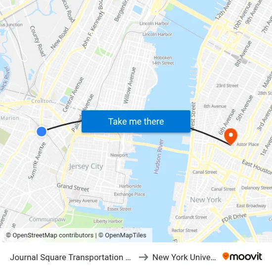 Journal Square Transportation Center to New York University map