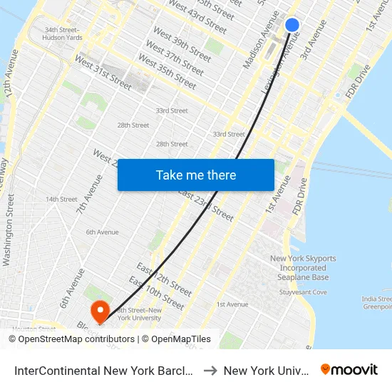 InterContinental New York Barclay Hotel to New York University map