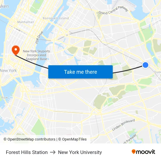 Forest Hills Station to New York University map